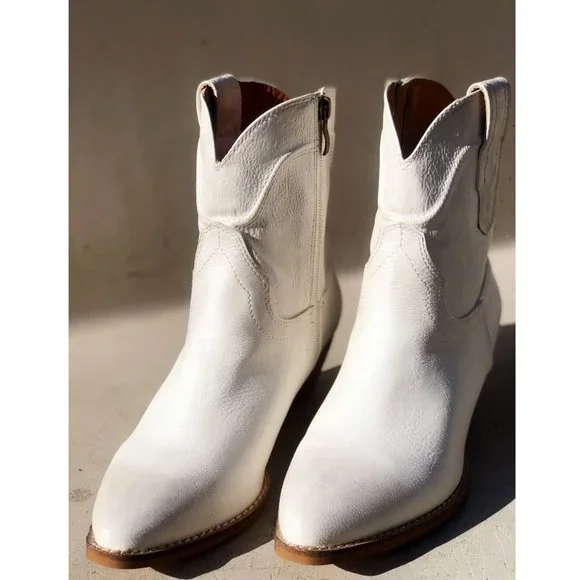 NEW Distressed Pointy Toe Stack Block Heel Western Ankle Booties Boots Off White - Picture 5 of 11